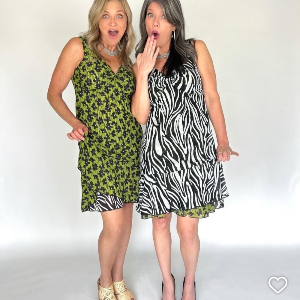 CAbi reversible Dress Black & White Zebra on one side. green on other side.